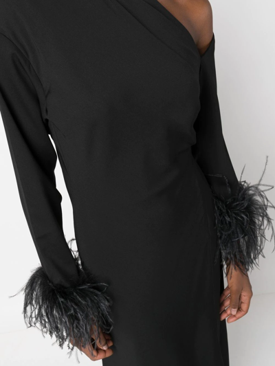 16arlington Black Adelaide Feather Trim Midi Dress In Black