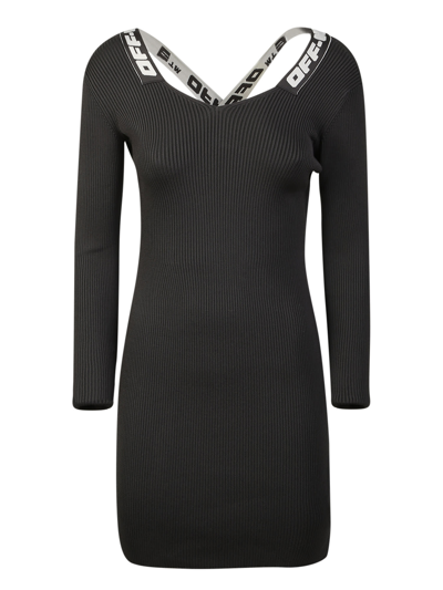 Off-white Ribbed Dress With Crossed Straps Detail Black In Black