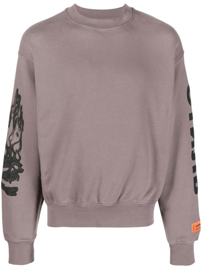 Heron Preston Gray Flaming Skull Sweatshirt In Grey