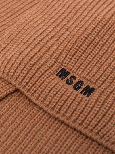 Shop Msgm Embroidered-logo Knitted Scarf In Brown