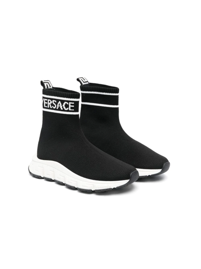 Shop Versace Logo Sock Sneakers In Black