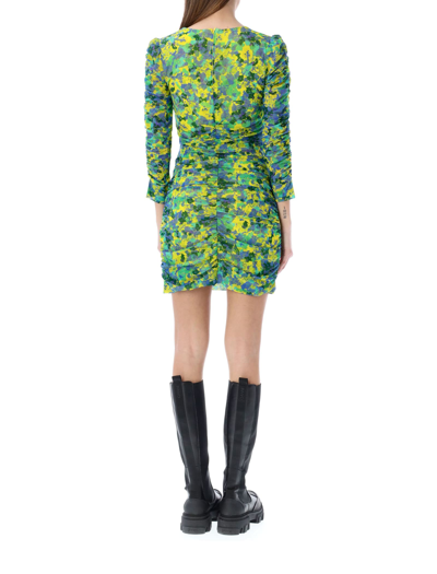 Shop Ganni Ruched Mesh Mini Dress In Sulfur Green