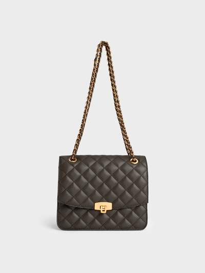 Shop Charles & Keith Quilted Chain Strap Clutch In Dark Moss