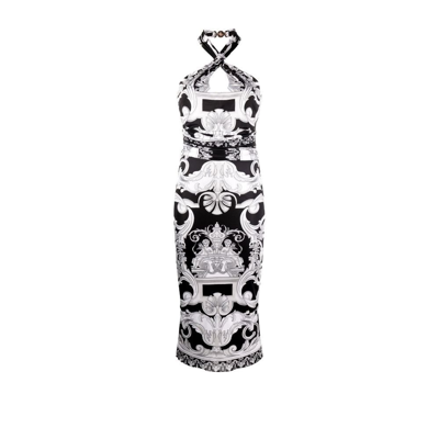 Shop Versace Black Silver Baroque Halterneck Midi Dress