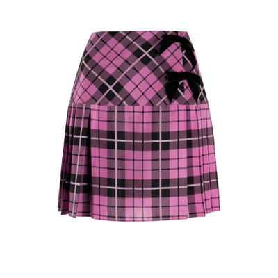 Shop Alessandra Rich Pink Pleated Tartan Silk Mini Skirt