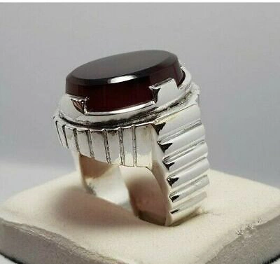 Pre-owned Handmade Aqeeq Ring Blood Red Yemeni Agate Mens Rings Handcrafted Jewelry Real Gemstone