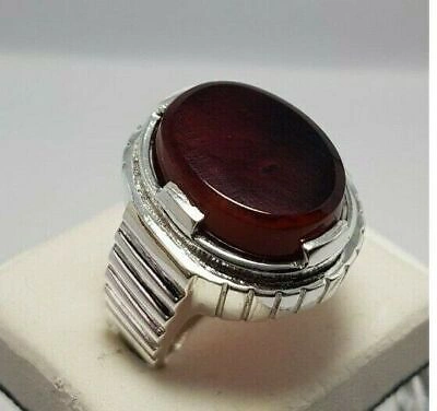 Pre-owned Handmade Aqeeq Ring Blood Red Yemeni Agate Mens Rings Handcrafted Jewelry Real Gemstone