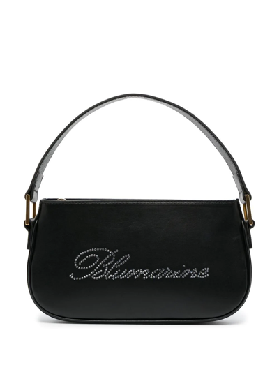 Shop Blumarine Rhinestone-logo Leather Shoulder Bag In Black