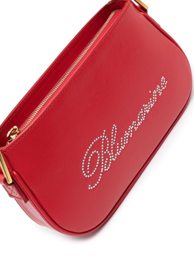 Shop Blumarine Rhinestone-logo Leather Shoulder Bag In Red