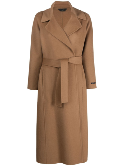 Shop Paltò Belted Wide-lapel Coat In Brown