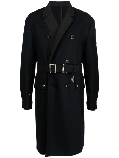 Shop Sacai Belted Double-breasted Wool Coat In Blue