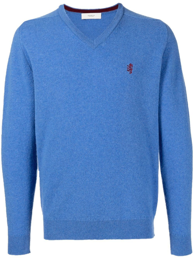 Shop Pringle Of Scotland Embroidered-logo V-neck Jumper In Blau