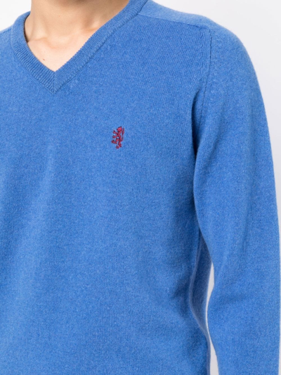Shop Pringle Of Scotland Embroidered-logo V-neck Jumper In Blau