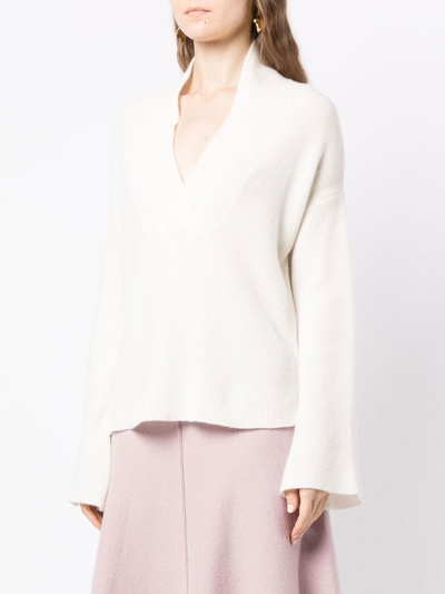 Pringle Of Scotland Ribbed-knit Shawl-neck Jumper In Weiss