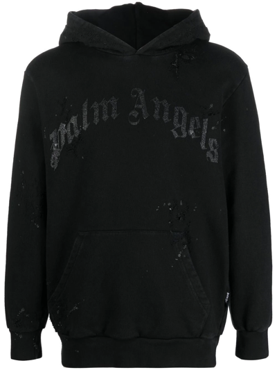 Shop Palm Angels Logo-print Distressed Hoodie In Black Black
