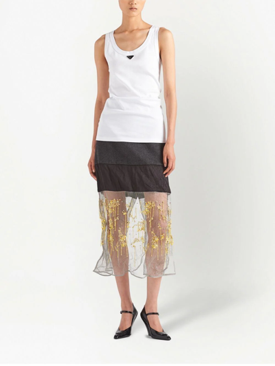 Prada Embroidered Cloth And Mesh Midi-skirt In Schwarz