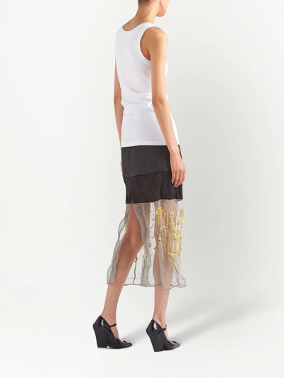 Prada Embroidered Cloth And Mesh Midi-skirt In Schwarz