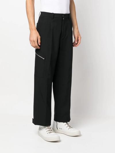 Shop Oamc Zip Detail Cotton Wide-leg Trousers In Schwarz
