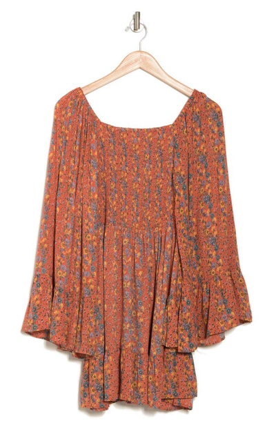 Shop Angie Floral Wide Sleeve Smocked Dress In Rust