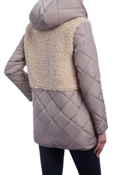 Lucky Brand Mixed Faux Shearling & Diamond Quilt Hooded Jacket In Hazelnut  | ModeSens