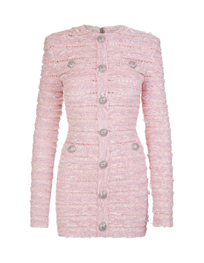 Balmain Short Light Pink Tweed Dress With Silver Embossed Buttons