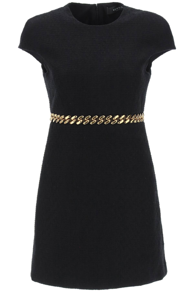 Shop Versace Tweed Dress With Chain In Nero (black)