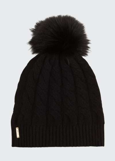 Shop Gorski Cashmere Cable-knit Beanie With Fur Pompom In Anthracite Silver