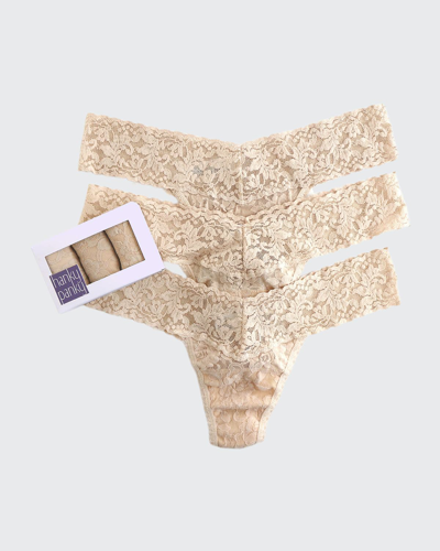 Shop Hanky Panky Three-pack Low-rise Signature Lace Thong In Beige