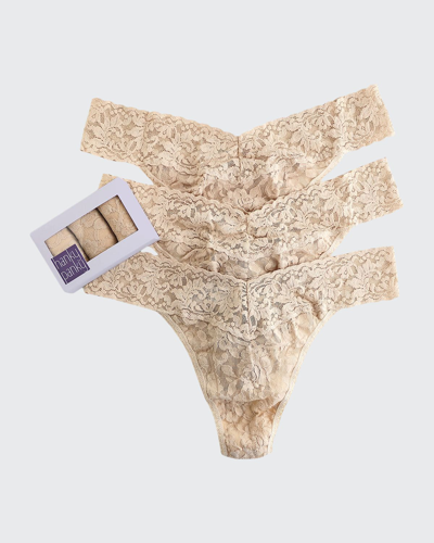 Shop Hanky Panky Three-pack Original-rise Signature Lace Thong In Beige