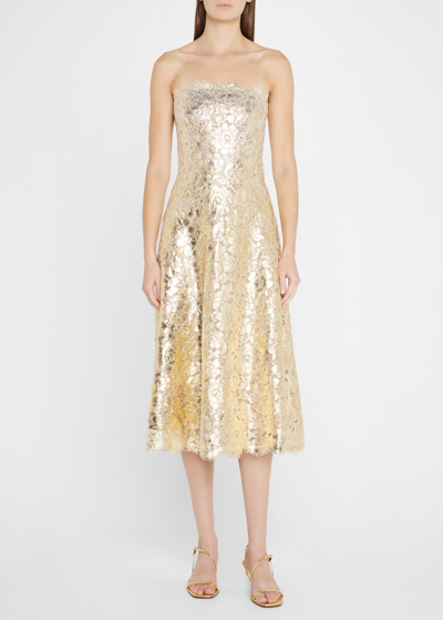 Shop Oscar De La Renta Foil Peony Lace Strapless Midi Dress In Gold