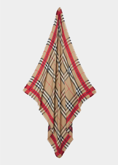Shop Burberry Giant Check Silk-wool Square Ribbon Scarf In Archive Beige