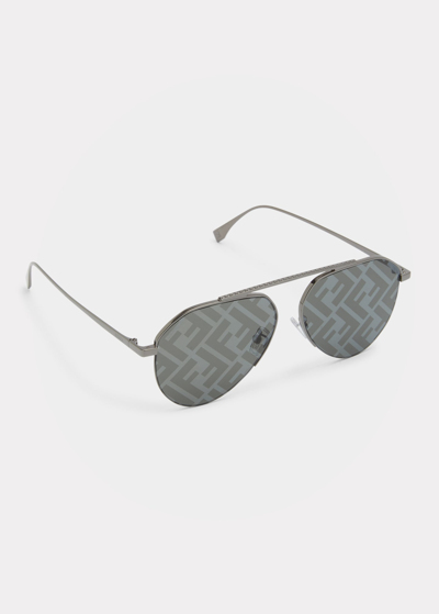 Shop Fendi Men's Monogram Lens Metal Aviator Sunglasses In Dark Ruthenium