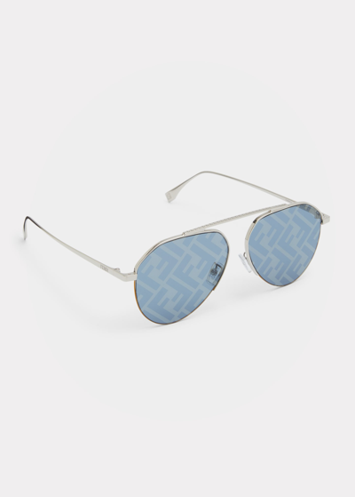 Shop Fendi Men's Monogram Lens Metal Aviator Sunglasses In Shiny Palladium