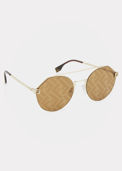 Shop Fendi Men's Monogram Lens Metal Round Sunglasses In Gold/brown Mirror