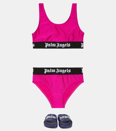 Shop Palm Angels Logo Metallic Bikini In Fuchsia Black