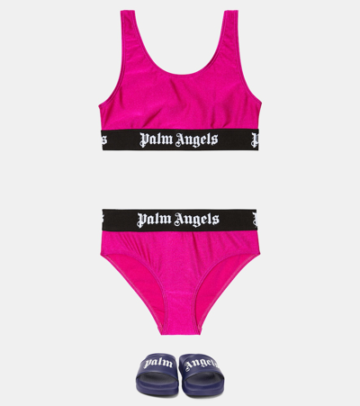 Palm Angels Little Girl's & Girl's 2-piece Logo Tape Shiny Bikini Set In Fuchsia Black