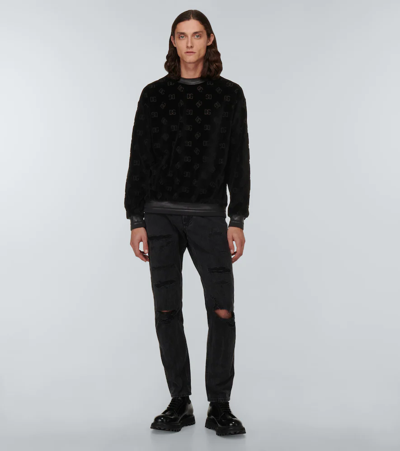 Dolce & Gabbana Logo Jacquard Velvet Sweater In Black