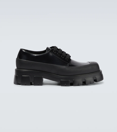 Prada Paneled Leather Derby Shoes In Black