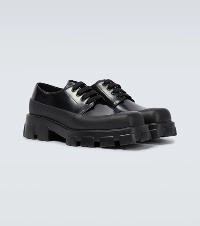 Prada Paneled Leather Derby Shoes In Black