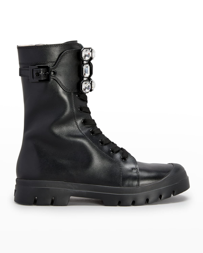 Shop Roger Vivier Walkyviv Calfskin Crystal-buckle Mid Boots In Black