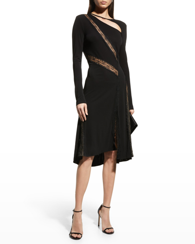Shop Koché Lace-insert Long-sleeve Midi Dress In Black