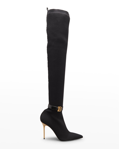 Shop Balmain Knit Buckle Over-the-knee Stiletto Boots In Noir
