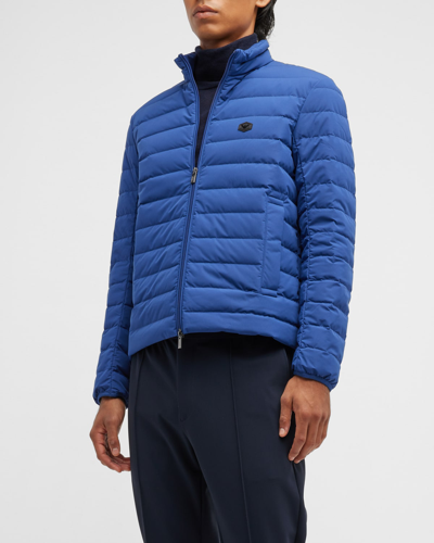 Shop Emporio Armani Men's Quilted Nylon Down Puffer Jacket In Solid Medium Blue