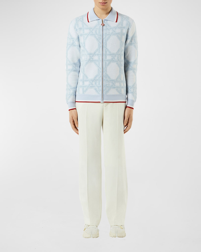 Shop Casablanca Men's Monogram Zip Cardigan Sweater In White Light Blue