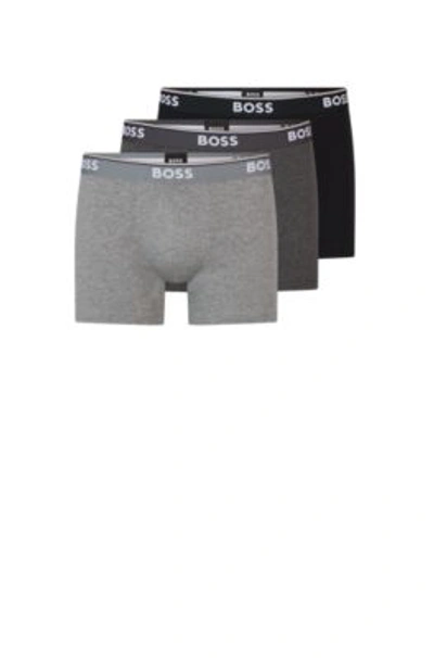 Shop Hugo Boss Three-pack Of Stretch-cotton Boxer Briefs With Logos In Light Grey
