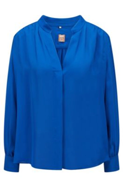 Shop Hugo Boss Regular-fit Long-sleeved Blouse With Notch Neckline In Light Blue