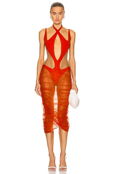 Shop Mugler Cut Out Bodysuit Dress In Red & Nude 01