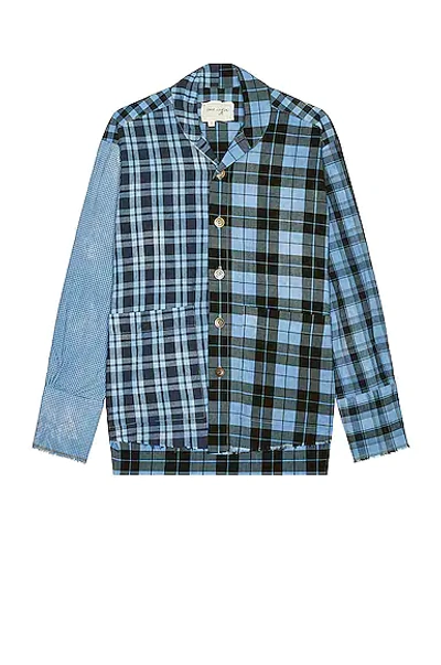 Shop Greg Lauren Mixed Plaid Collared Shawl In Blue