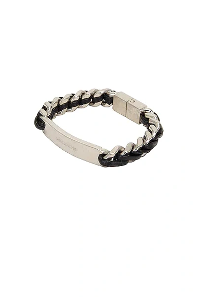 Shop Saint Laurent Tag Curb Chain & Leather Bracelet In Black & Oxidized Nickel