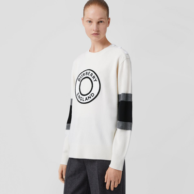Shop Burberry Logo Graphic Appliqué Wool Cashmere Sweater In Natural White